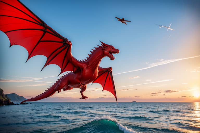 海の上を飛ぶ赤いドラゴン