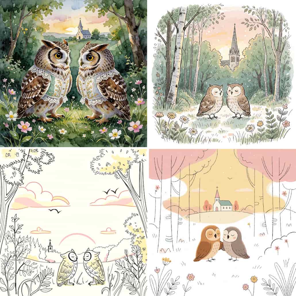 フクロウのカップルのファンシーなイラスト
