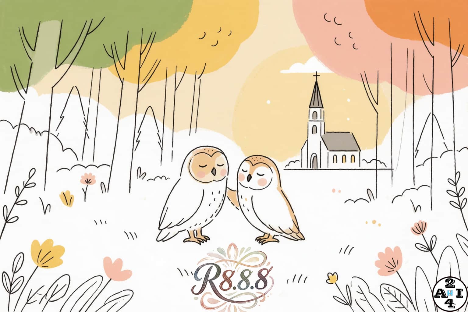 フクロウのカップルのファンシーなシンプル線画イラスト