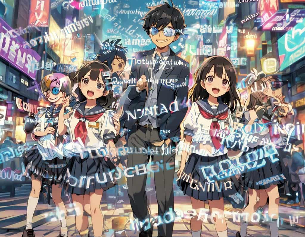 アニメやゲームなどでたくさんの英単語に囲まれている中学生たち